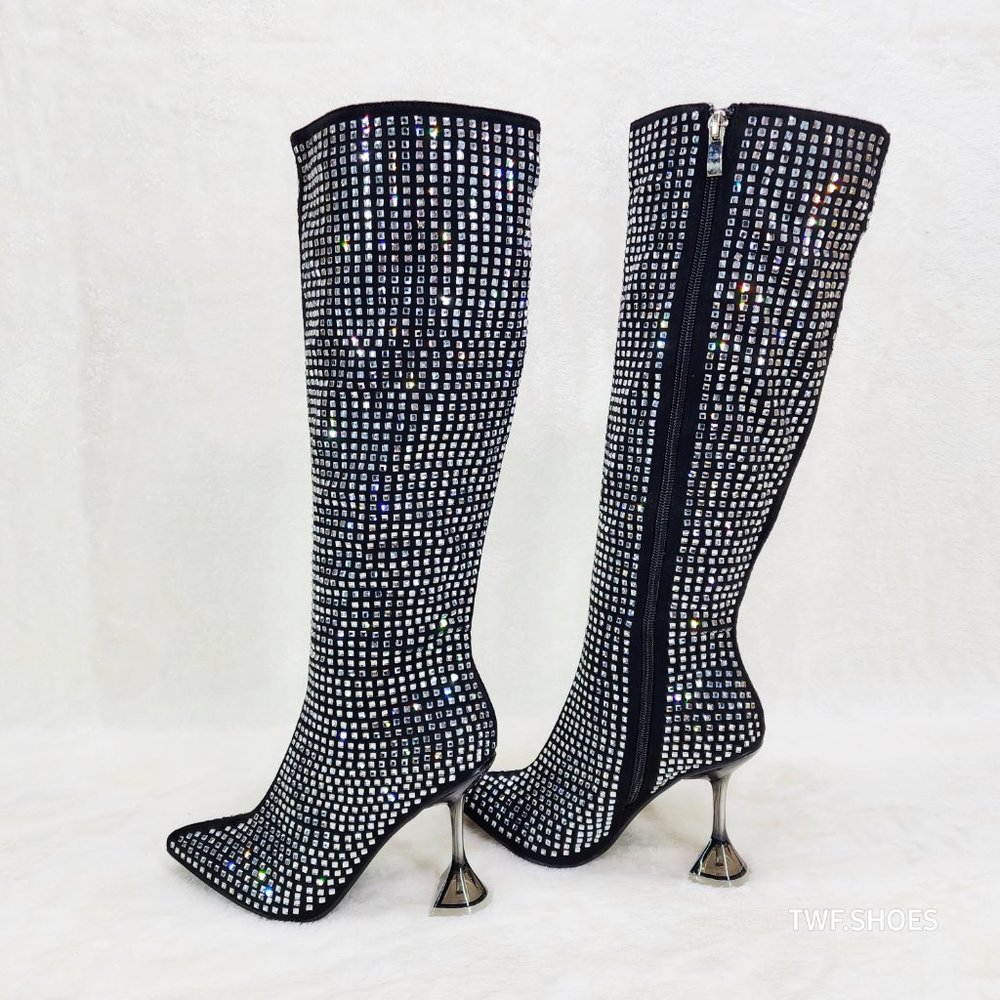 Mata Shoes Black Rhinestone Knee-High Heeled Boots